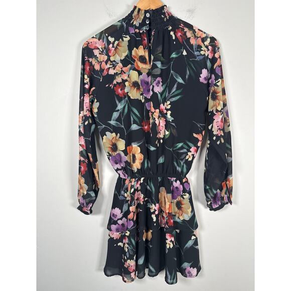 YUMI KIM Black Floral Class Act Lake Side Long Sleeve Tiered Mini Dress Size S - Picture 6 of 10